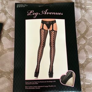 Faux lace up dual net backseam stockingwith attached garter belt